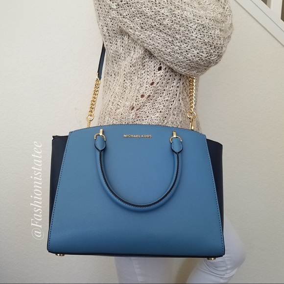 NWT MICHAEL KORS LARGE ELLIS SKY NAVY SATCHEL BAG - Picture 2 of 8